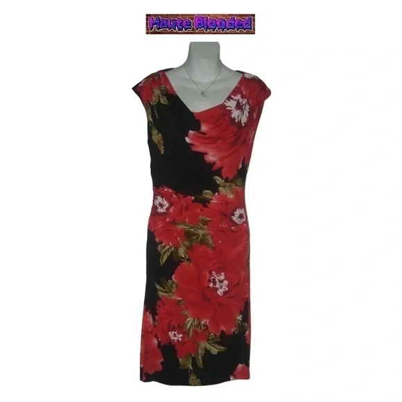 Vintage 90's Dressbarn Dress LBD Red Flower Floral Print Summer Ruched y2k Sz 6 - Picture 1 of 10